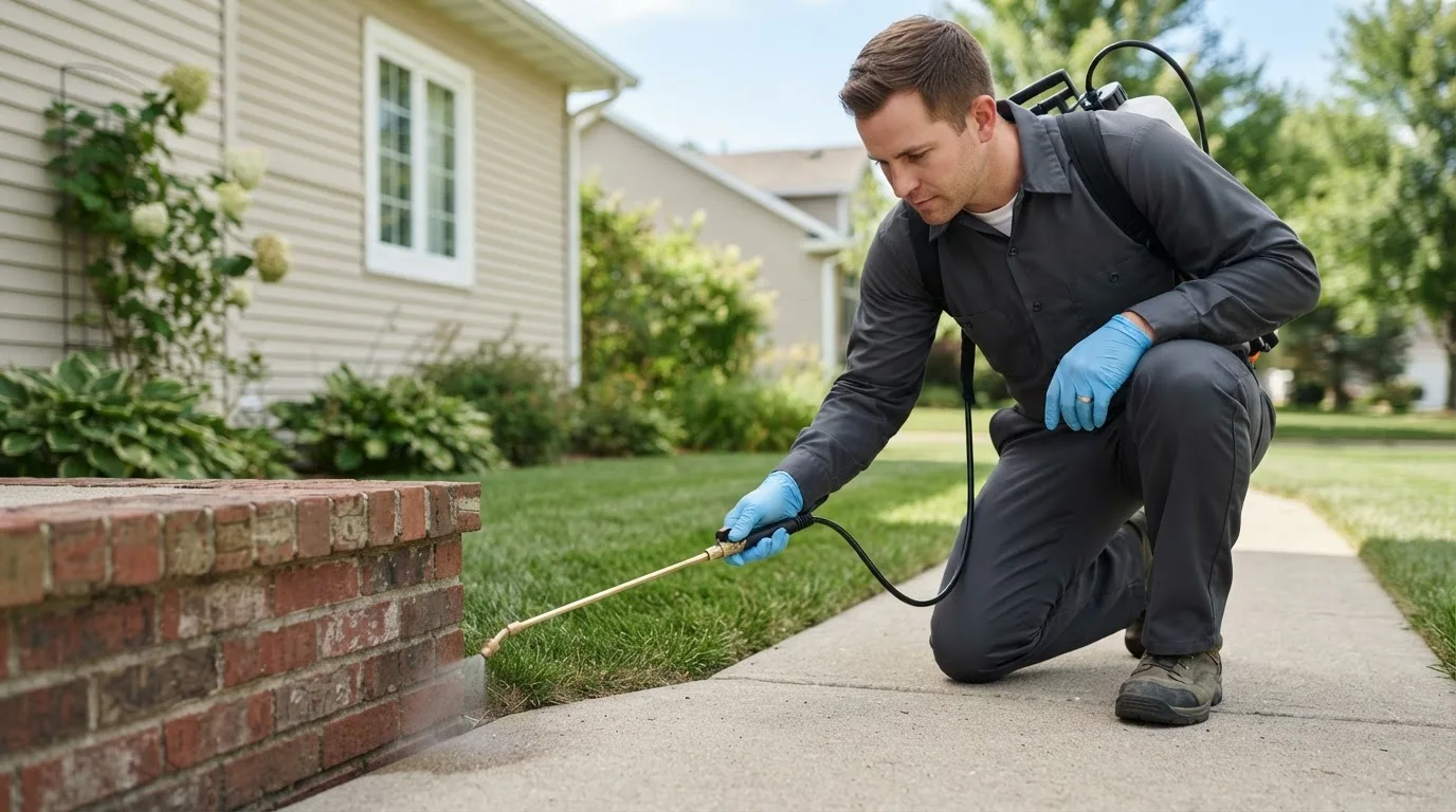 Pest control technician treating a home near Lowell, OH