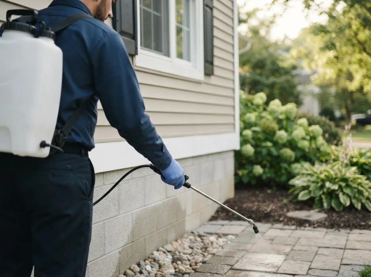 Pest control technician inspecting a home in Lowell, OH